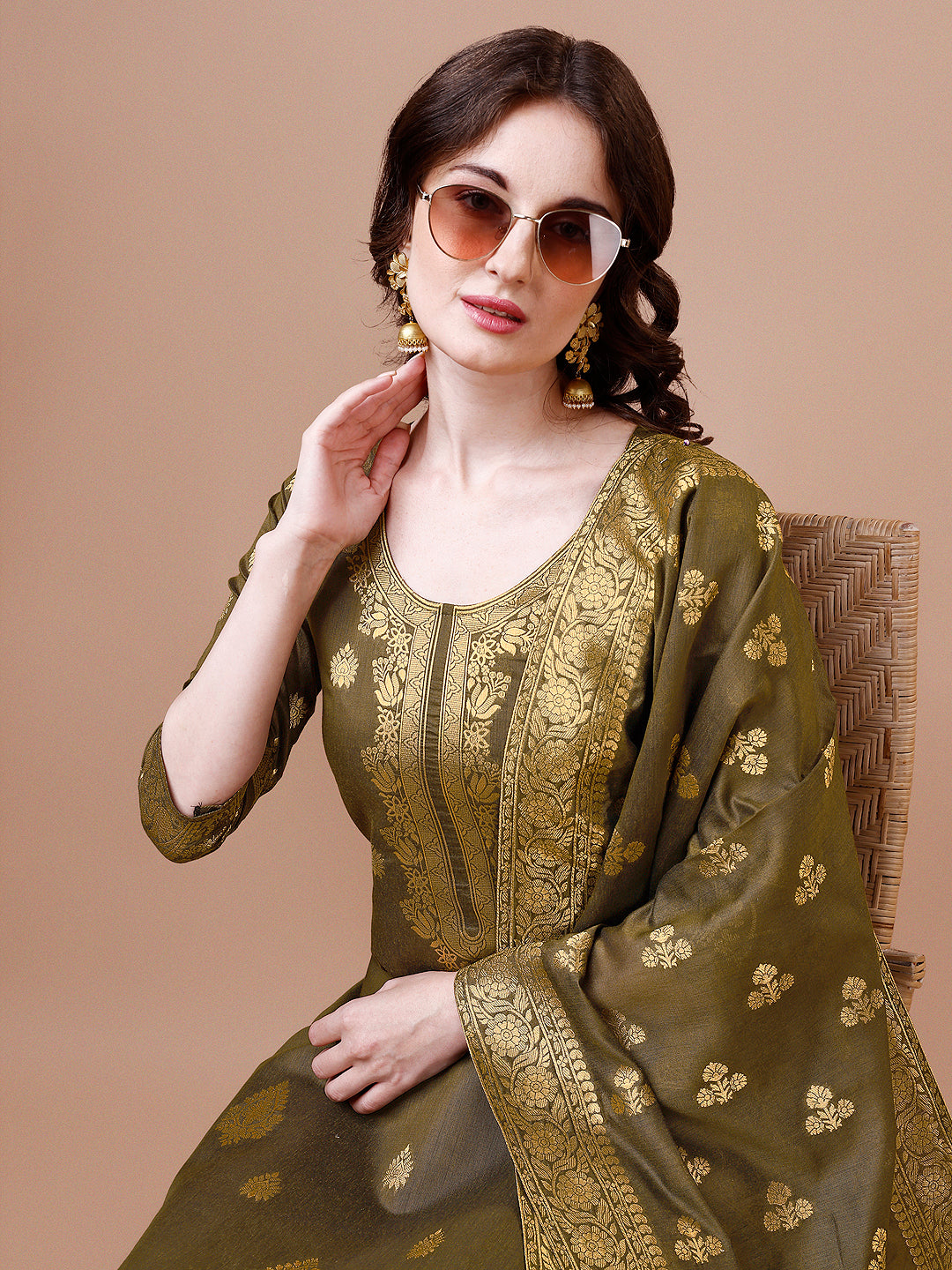 Pure Banarasi Chanderi Jacquard Kurta With Pant & Dupatta Set, Multicolor - Hiral Fashion - Distacart