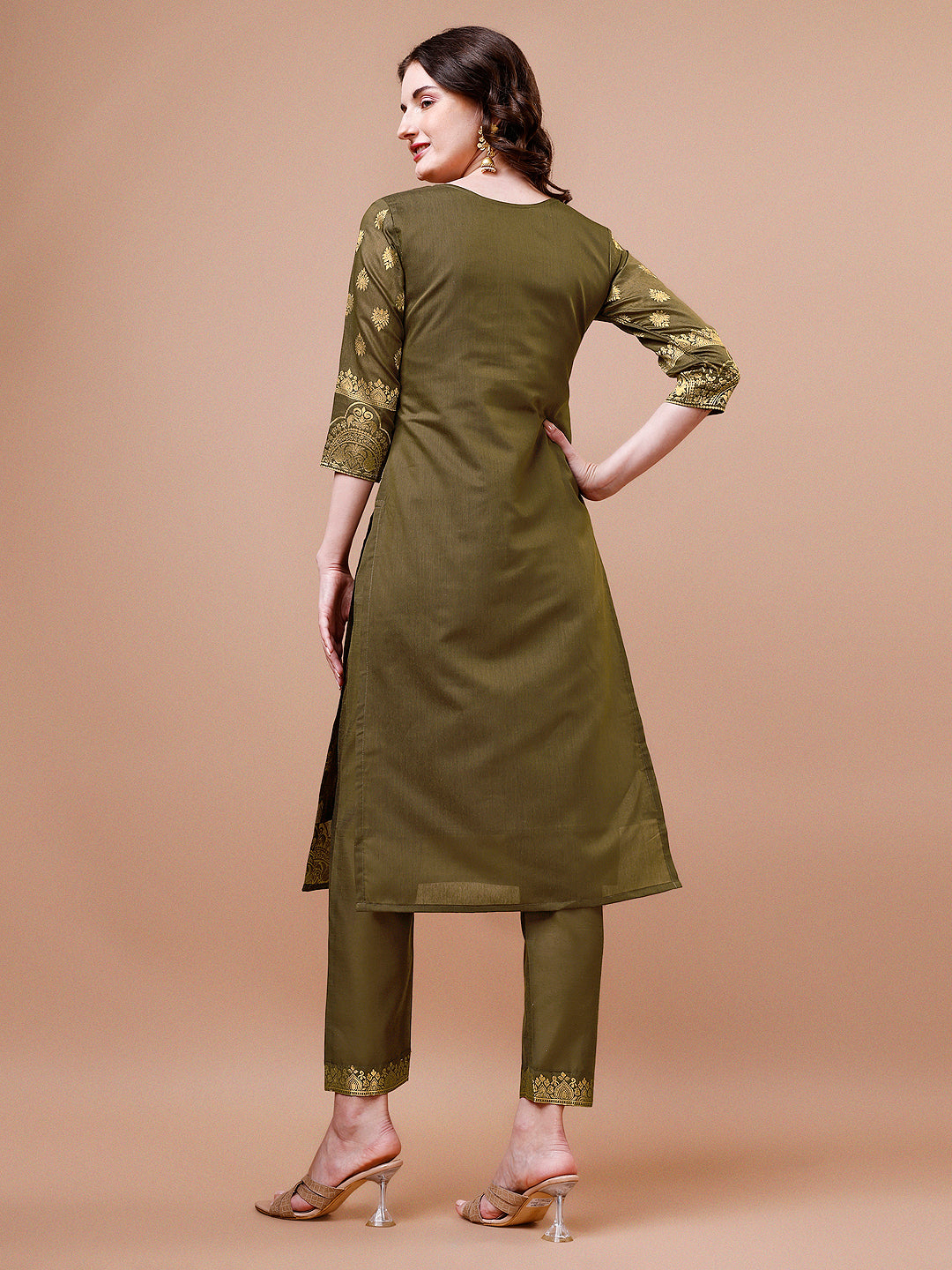 Pure Banarasi Chanderi Jacquard Kurta With Pant & Dupatta Set, Multicolor - Hiral Fashion - Distacart