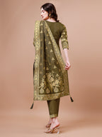 Pure Banarasi Chanderi Jacquard Kurta With Pant & Dupatta Set, Multicolor - Hiral Fashion - Distacart