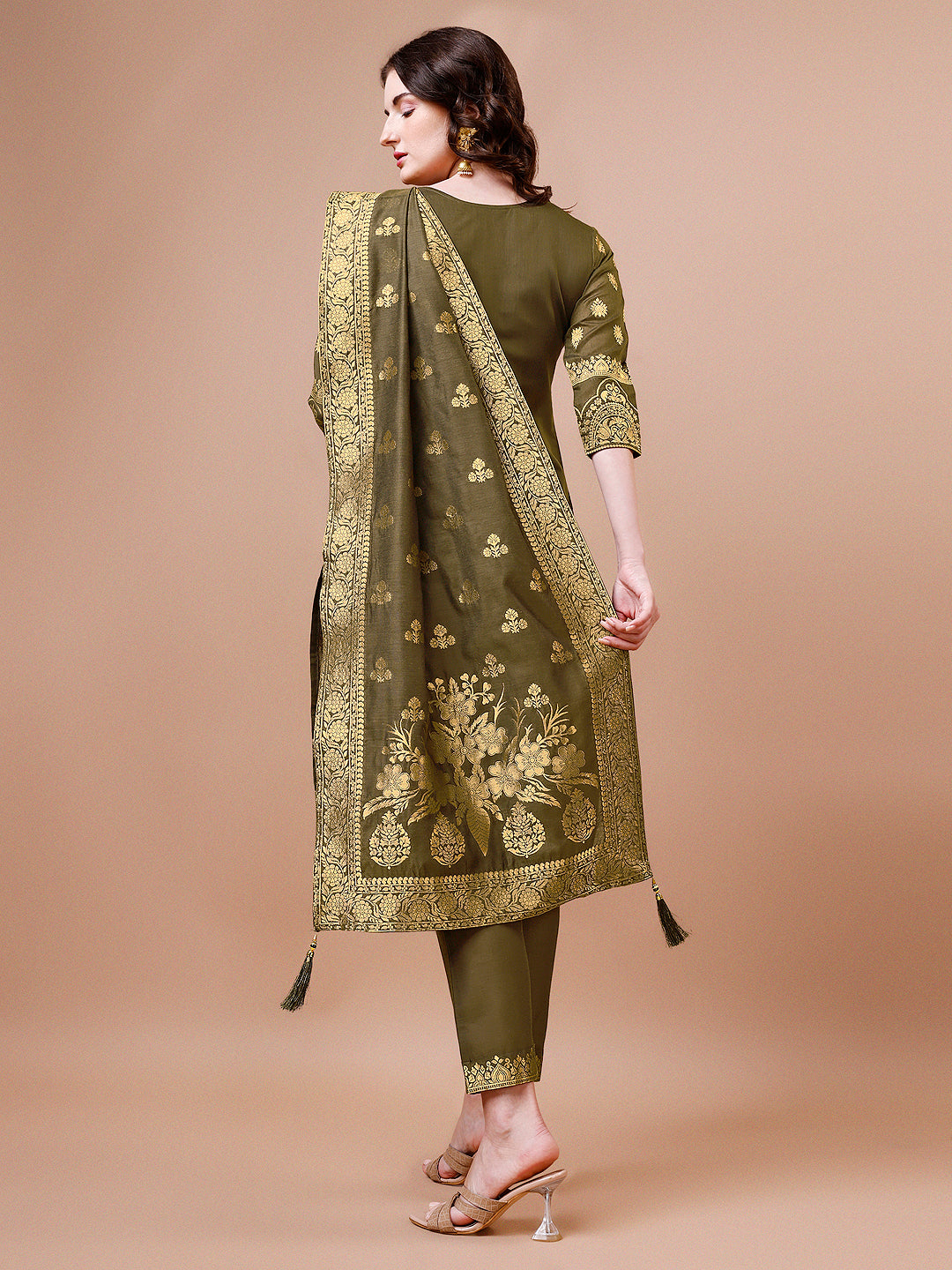 Pure Banarasi Chanderi Jacquard Kurta With Pant & Dupatta Set, Multicolor - Hiral Fashion - Distacart