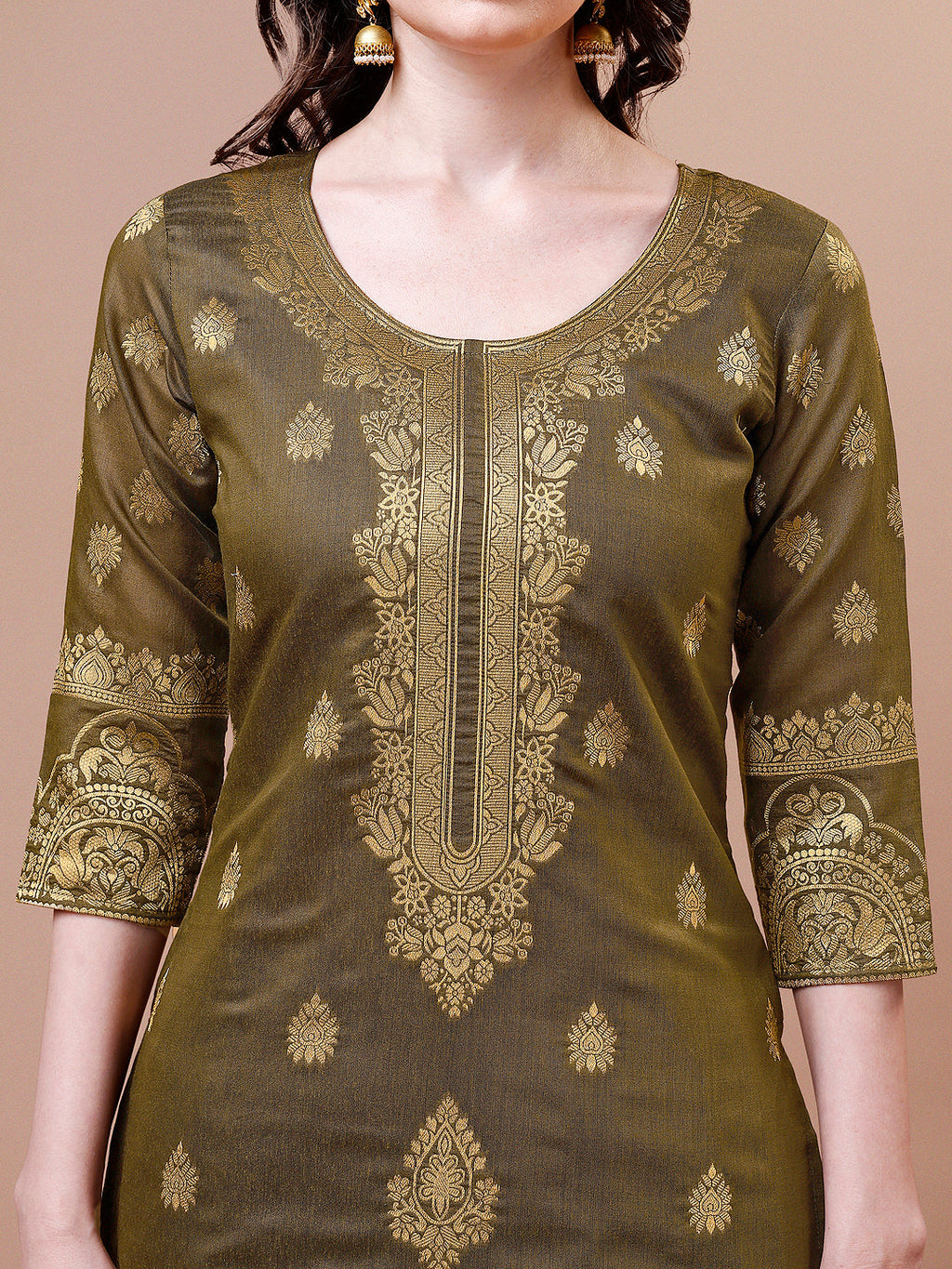 Pure Banarasi Chanderi Jacquard Kurta With Pant & Dupatta Set, Multicolor - Hiral Fashion - Distacart