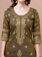 Pure Banarasi Chanderi Jacquard Kurta With Pant & Dupatta Set, Multicolor - Hiral Fashion - Distacart