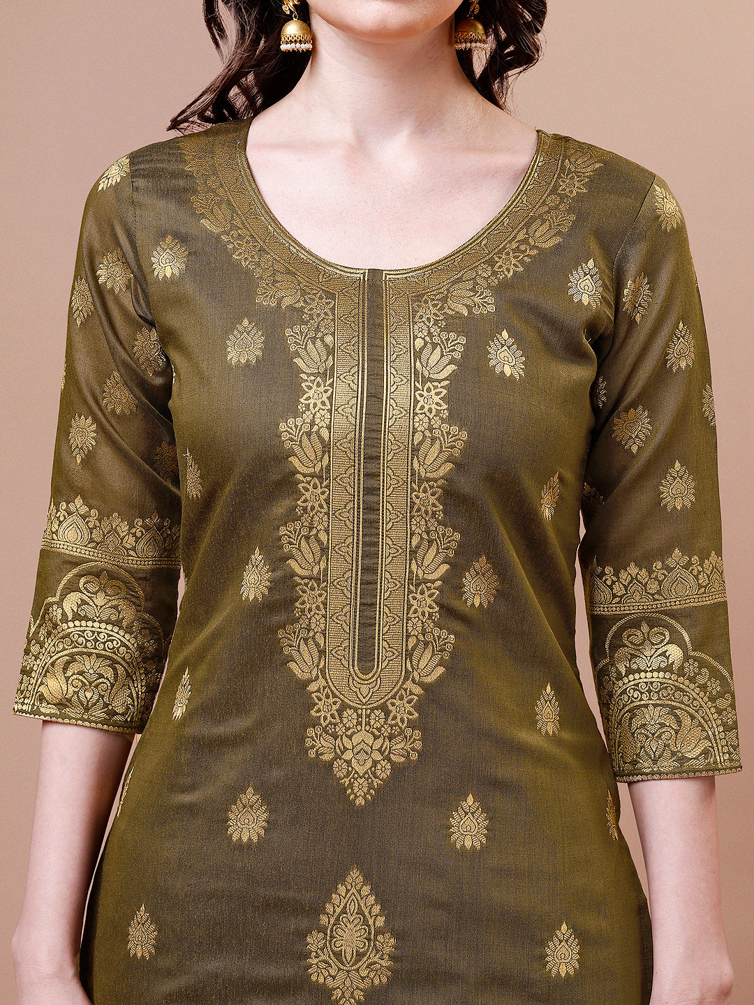 Pure Banarasi Chanderi Jacquard Kurta With Pant & Dupatta Set, Multicolor - Hiral Fashion - Distacart