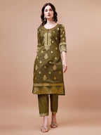 Pure Banarasi Chanderi Jacquard Kurta With Pant & Dupatta Set, Multicolor - Hiral Fashion - Distacart