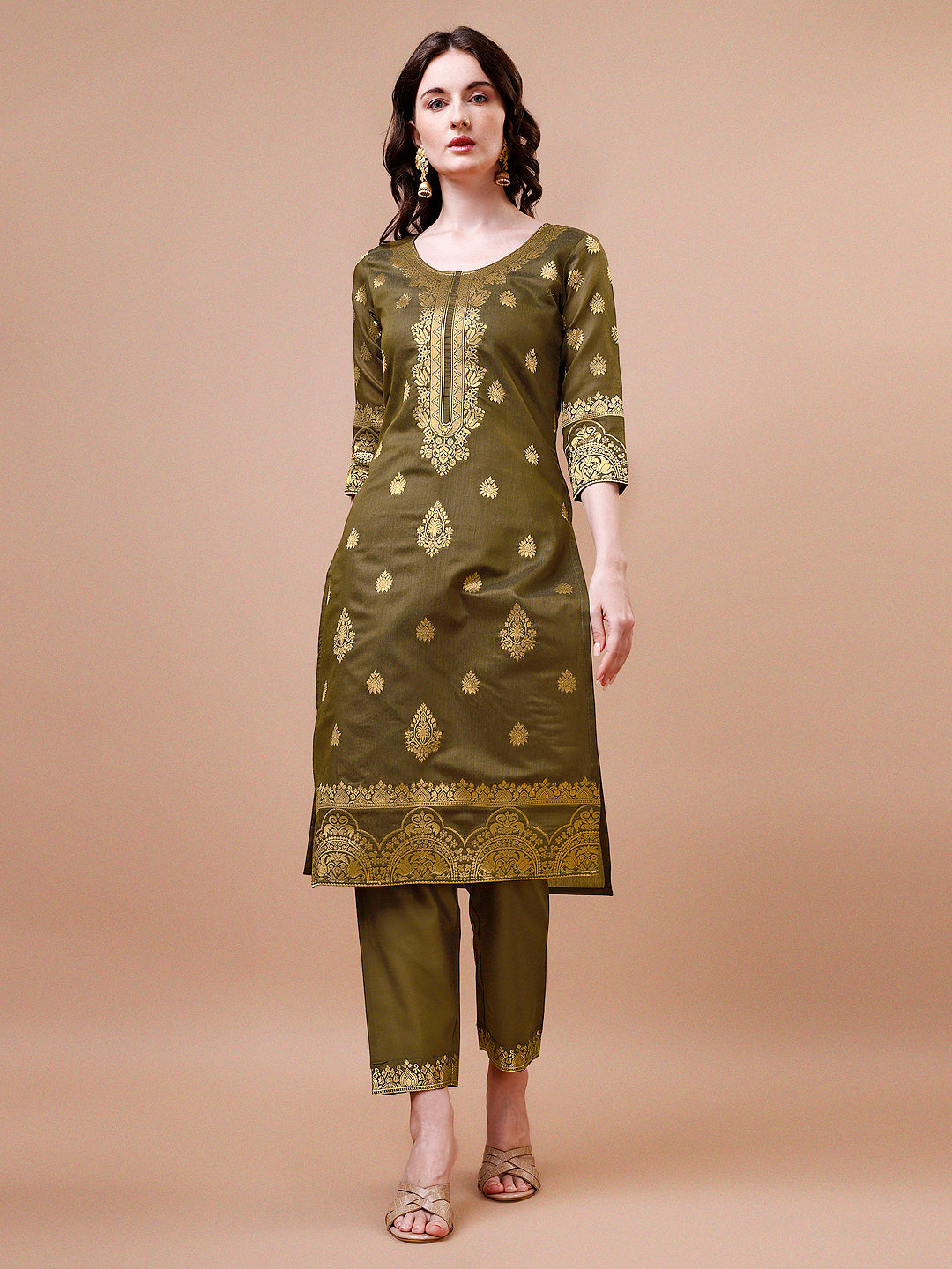 Pure Banarasi Chanderi Jacquard Kurta With Pant & Dupatta Set, Multicolor - Hiral Fashion - Distacart