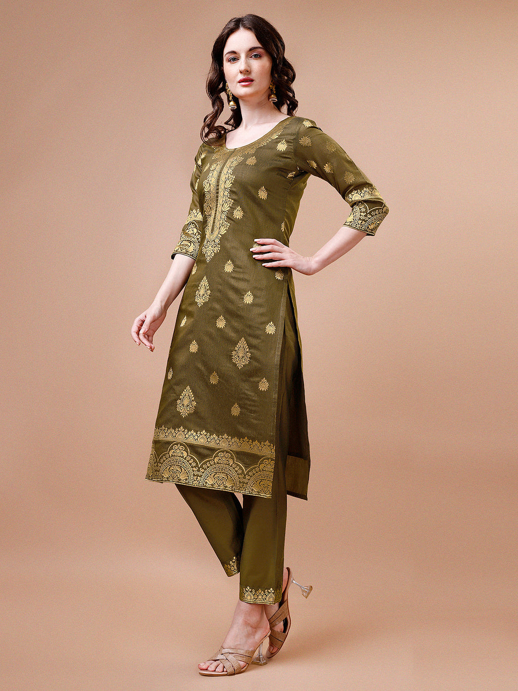 Pure Banarasi Chanderi Jacquard Kurta With Pant & Dupatta Set, Multicolor - Hiral Fashion - Distacart