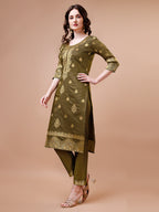 Pure Banarasi Chanderi Jacquard Kurta With Pant & Dupatta Set, Multicolor - Hiral Fashion - Distacart