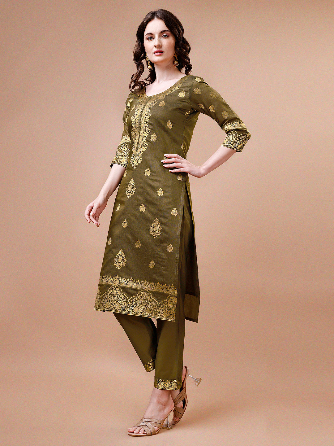 Pure Banarasi Chanderi Jacquard Kurta With Pant & Dupatta Set, Multicolor - Hiral Fashion - Distacart