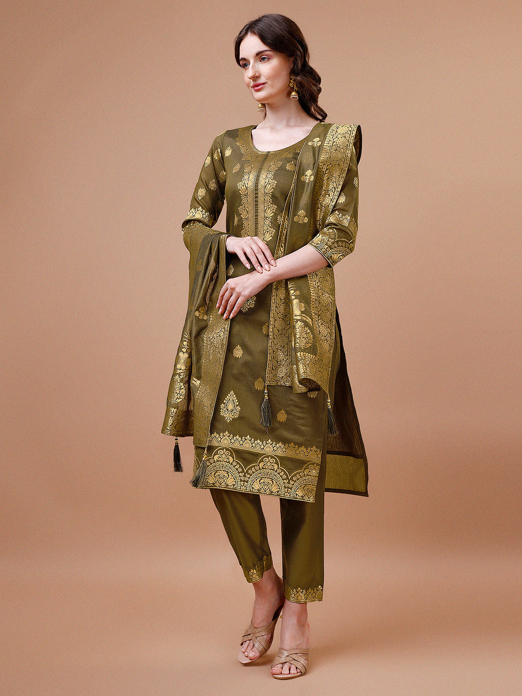 Pure Banarasi Chanderi Jacquard Kurta With Pant & Dupatta Set, Multicolor - Hiral Fashion - Distacart
