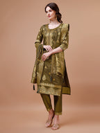 Pure Banarasi Chanderi Jacquard Kurta With Pant & Dupatta Set, Multicolor - Hiral Fashion - Distacart