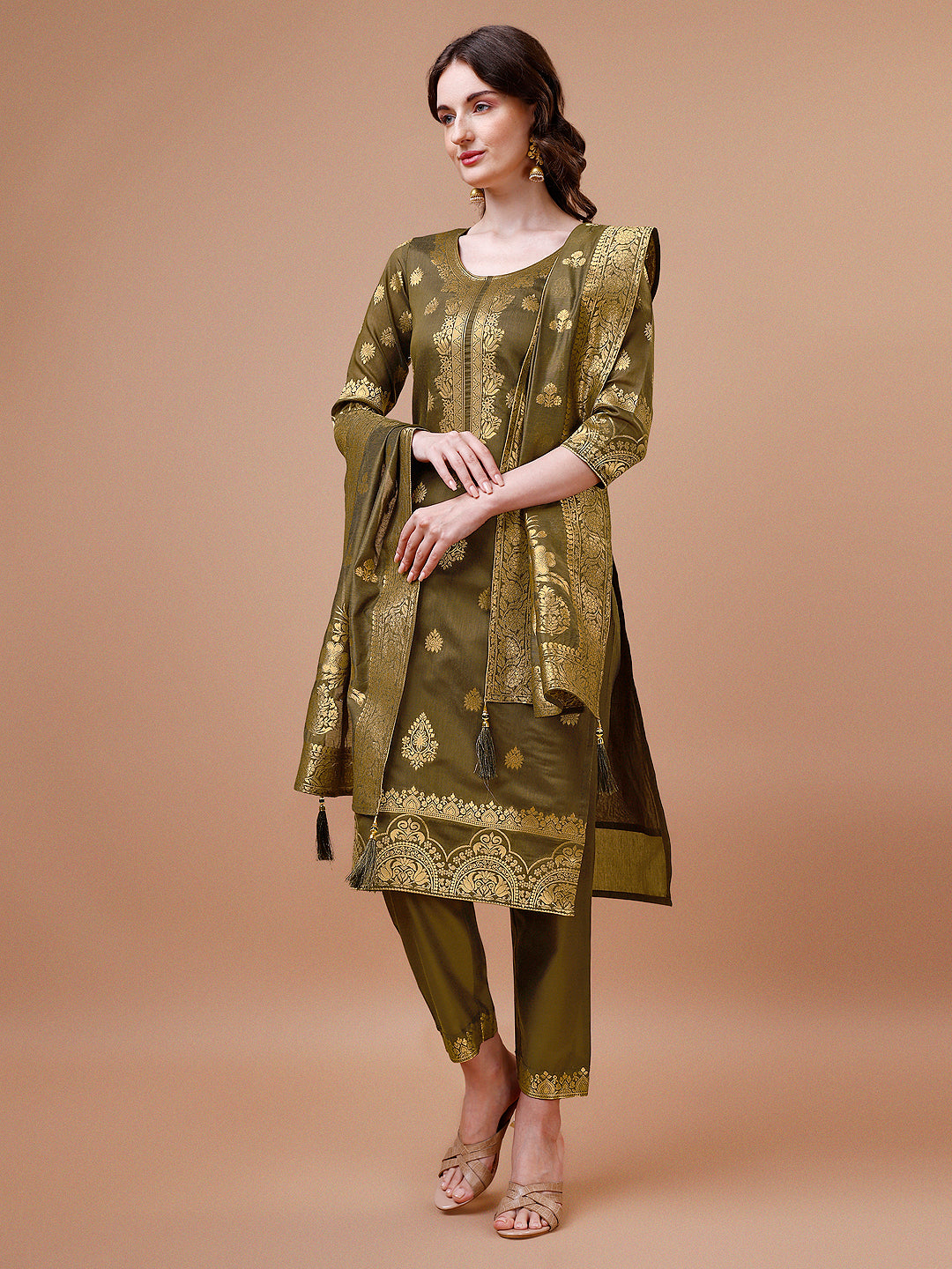 Pure Banarasi Chanderi Jacquard Kurta With Pant & Dupatta Set, Multicolor - Hiral Fashion - Distacart