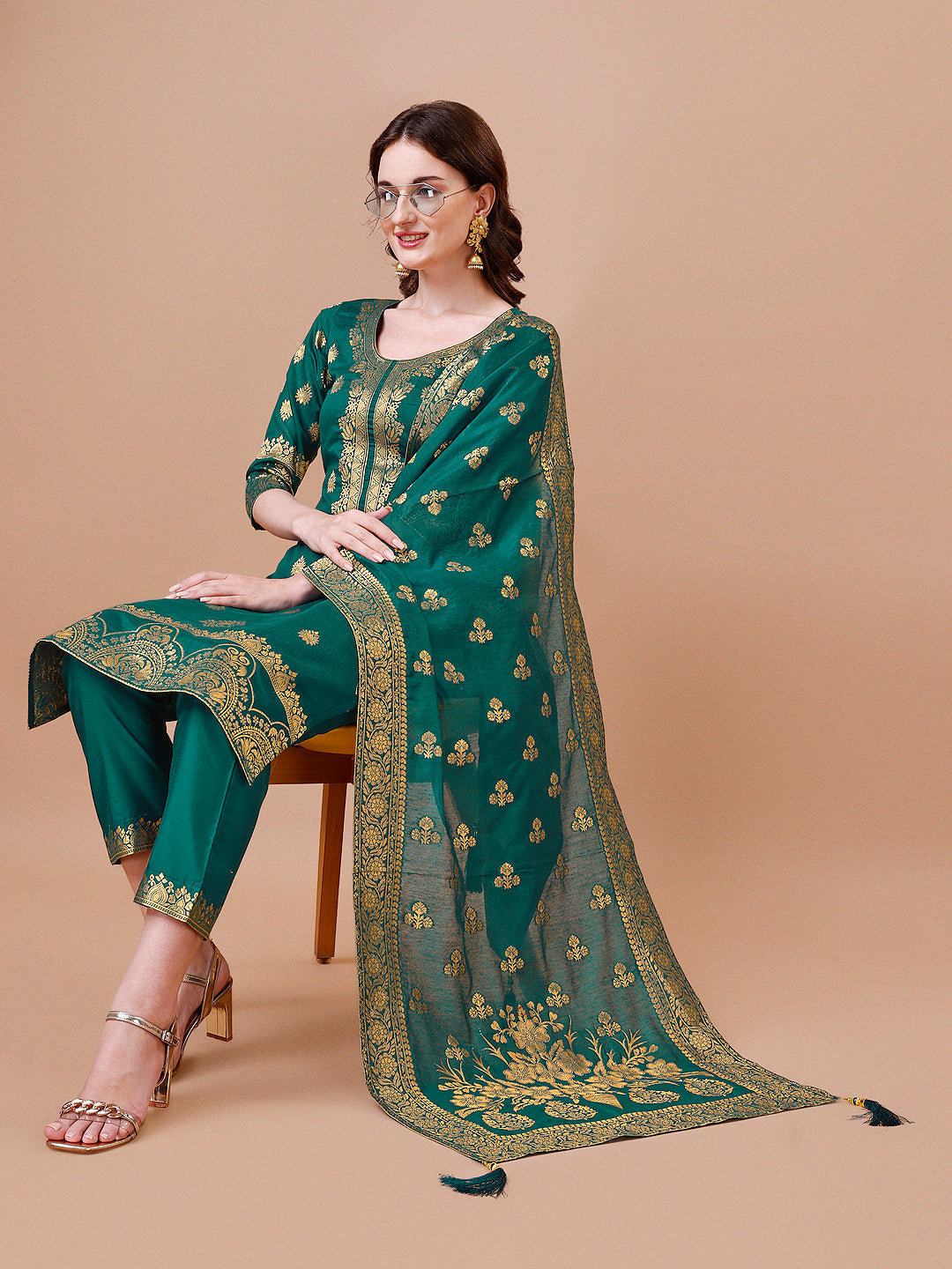 Pure Banarasi Chanderi Jacquard Kurta With Pant & Dupatta Set, Multicolor - Hiral Fashion - Distacart