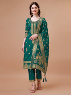 Pure Banarasi Chanderi Jacquard Kurta With Pant & Dupatta Set, Multicolor - Hiral Fashion - Distacart