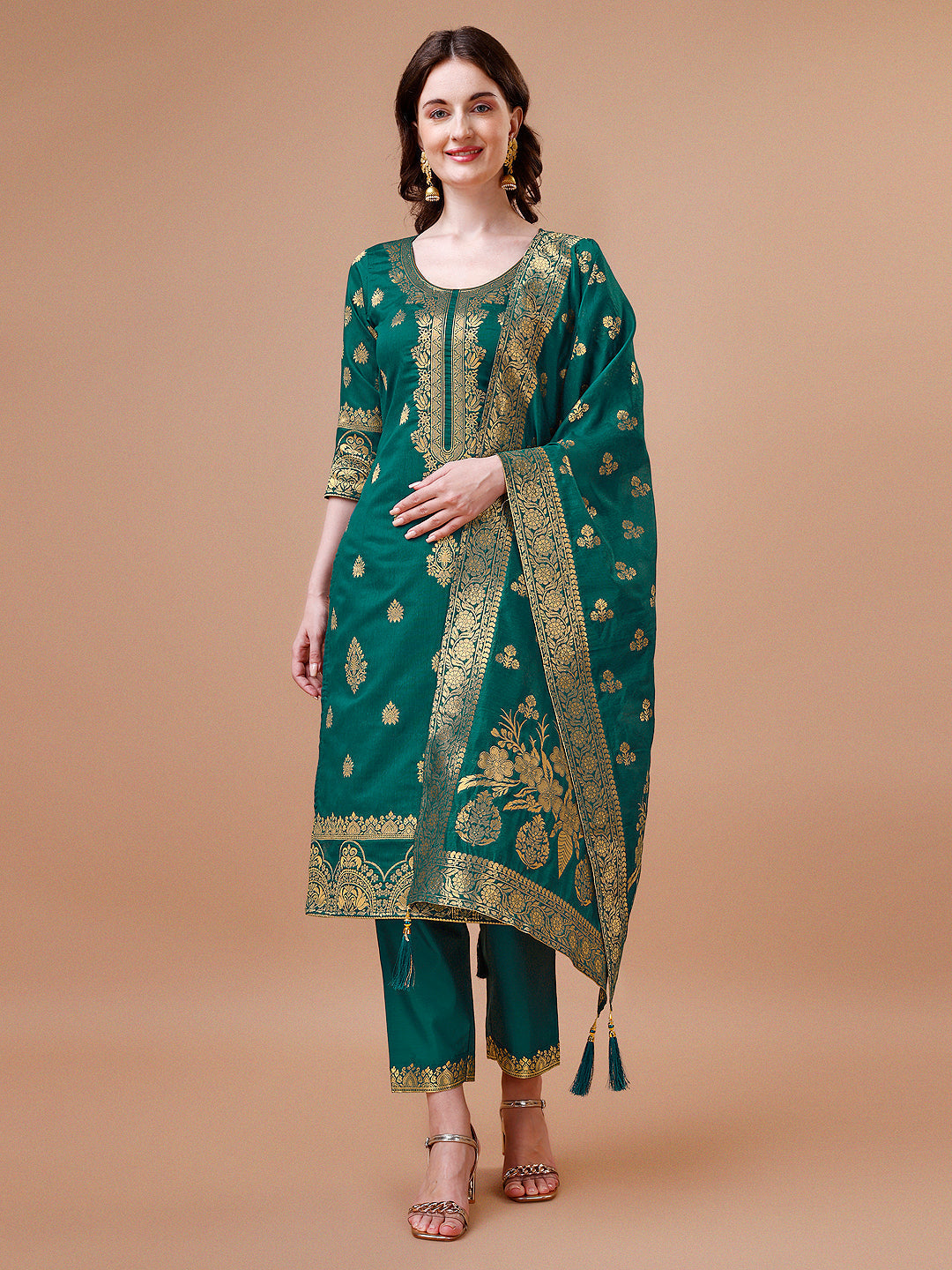 Pure Banarasi Chanderi Jacquard Kurta With Pant & Dupatta Set, Multicolor - Hiral Fashion - Distacart