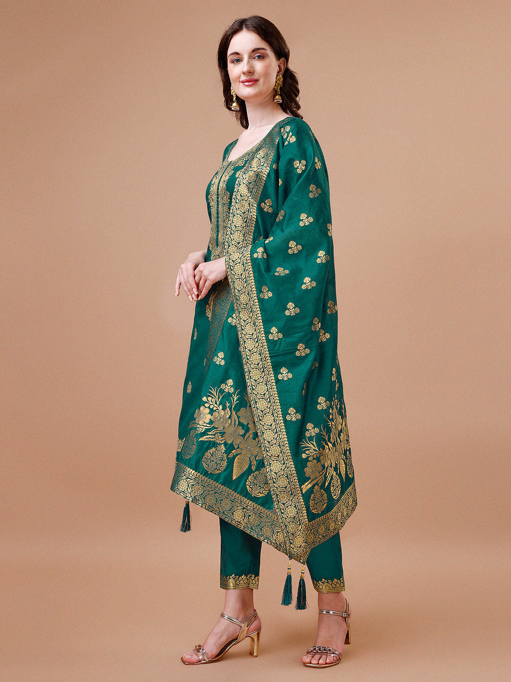 Pure Banarasi Chanderi Jacquard Kurta With Pant & Dupatta Set, Multicolor - Hiral Fashion - Distacart