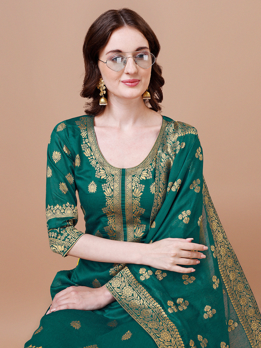 Pure Banarasi Chanderi Jacquard Kurta With Pant & Dupatta Set, Multicolor - Hiral Fashion - Distacart