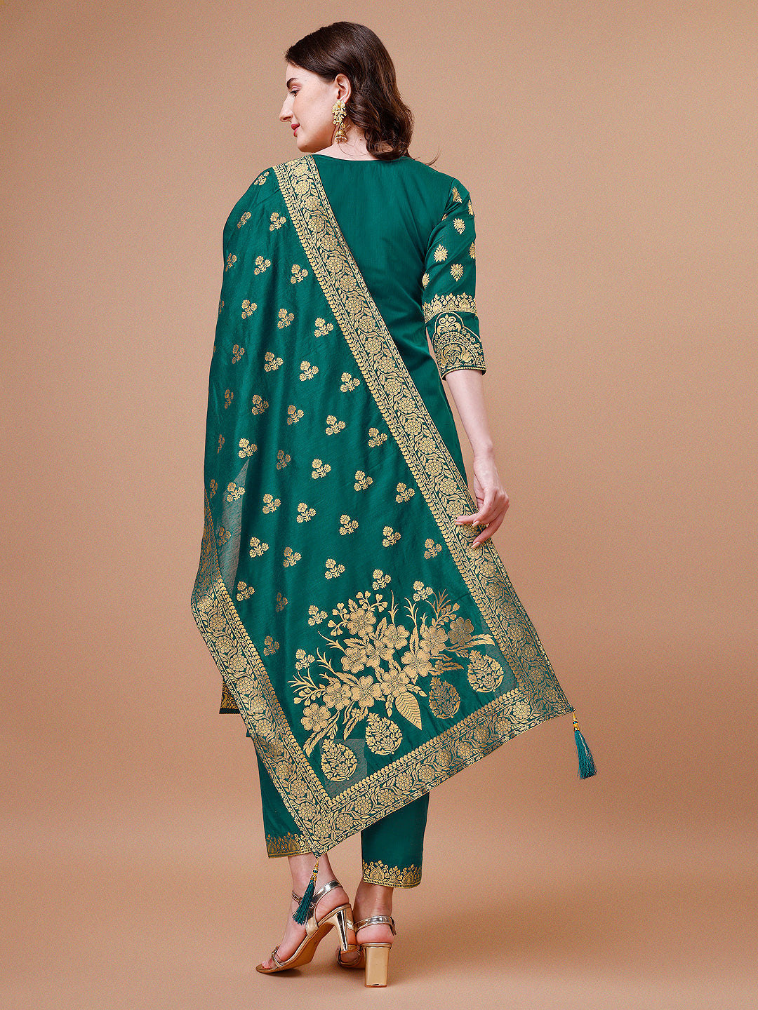 Pure Banarasi Chanderi Jacquard Kurta With Pant & Dupatta Set, Multicolor - Hiral Fashion - Distacart
