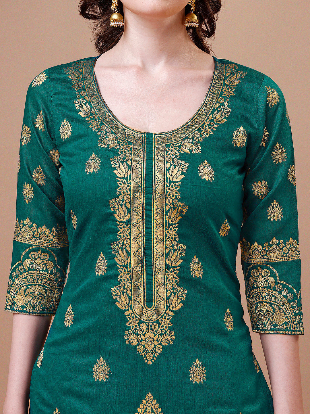 Pure Banarasi Chanderi Jacquard Kurta With Pant & Dupatta Set, Multicolor - Hiral Fashion - Distacart