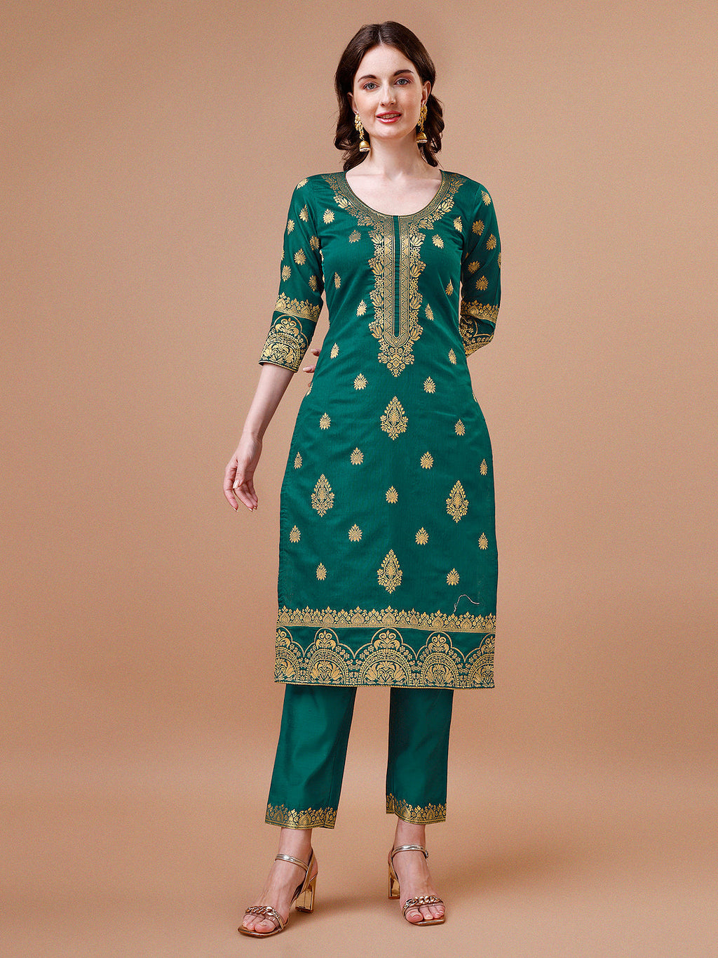 Pure Banarasi Chanderi Jacquard Kurta With Pant & Dupatta Set, Multicolor - Hiral Fashion - Distacart