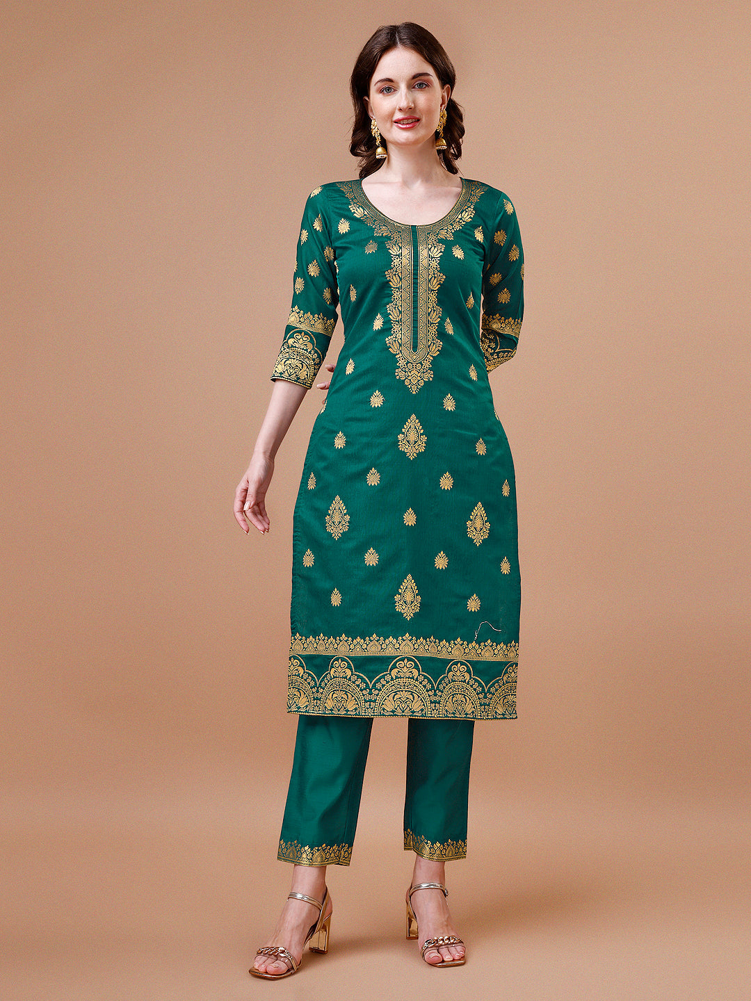 Pure Banarasi Chanderi Jacquard Kurta With Pant & Dupatta Set, Multicolor - Hiral Fashion - Distacart