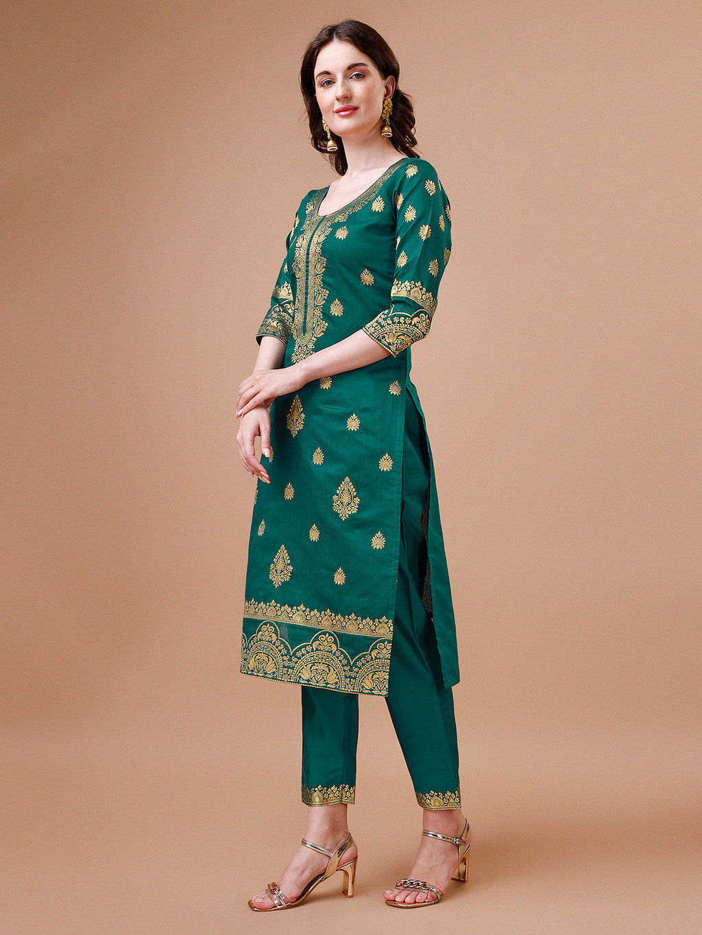 Pure Banarasi Chanderi Jacquard Kurta With Pant & Dupatta Set, Multicolor - Hiral Fashion - Distacart