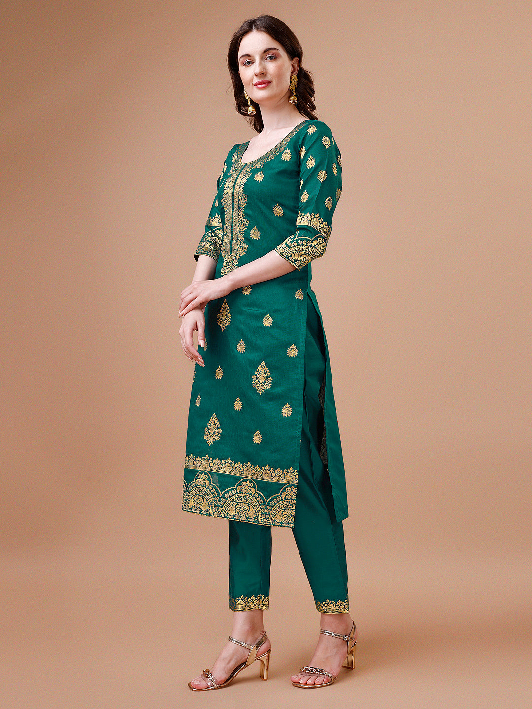Pure Banarasi Chanderi Jacquard Kurta With Pant & Dupatta Set, Multicolor - Hiral Fashion - Distacart