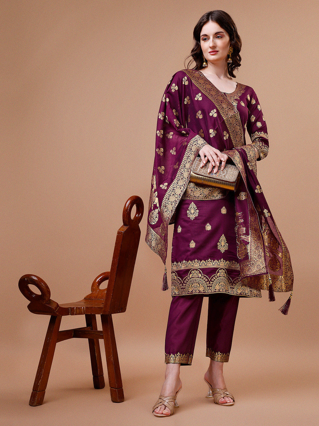Pure Banarasi Chanderi Jacquard Kurta With Pant & Dupatta Set, Multicolor - Hiral Fashion - Distacart