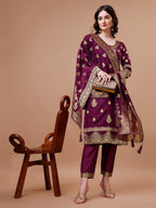 Pure Banarasi Chanderi Jacquard Kurta With Pant & Dupatta Set, Multicolor - Hiral Fashion - Distacart
