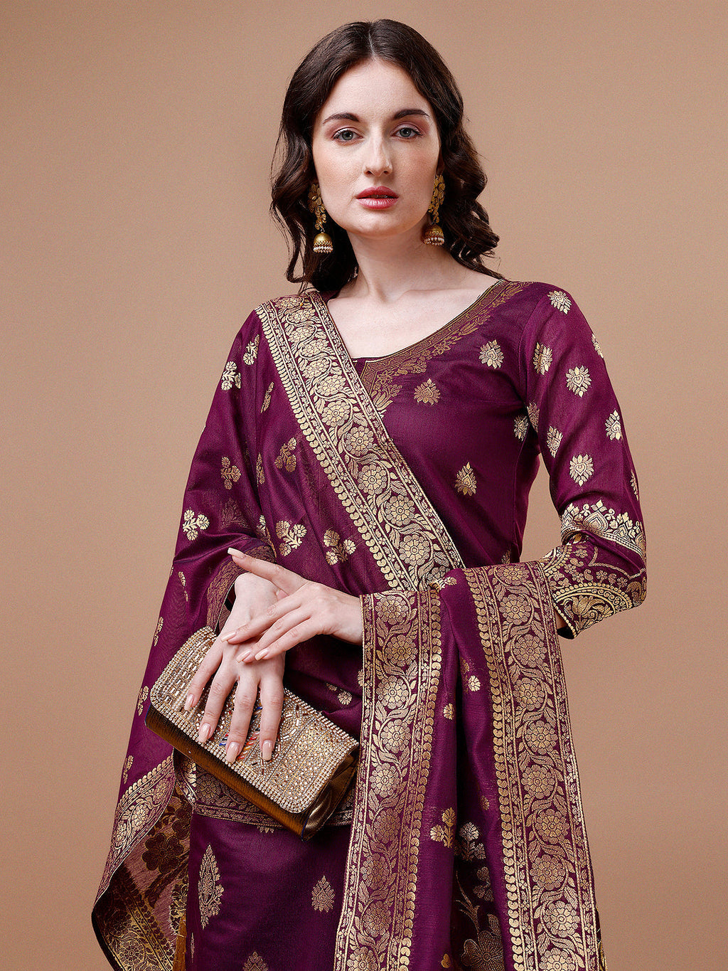 Pure Banarasi Chanderi Jacquard Kurta With Pant & Dupatta Set, Multicolor - Hiral Fashion - Distacart