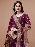 Pure Banarasi Chanderi Jacquard Kurta With Pant & Dupatta Set, Multicolor - Hiral Fashion - Distacart