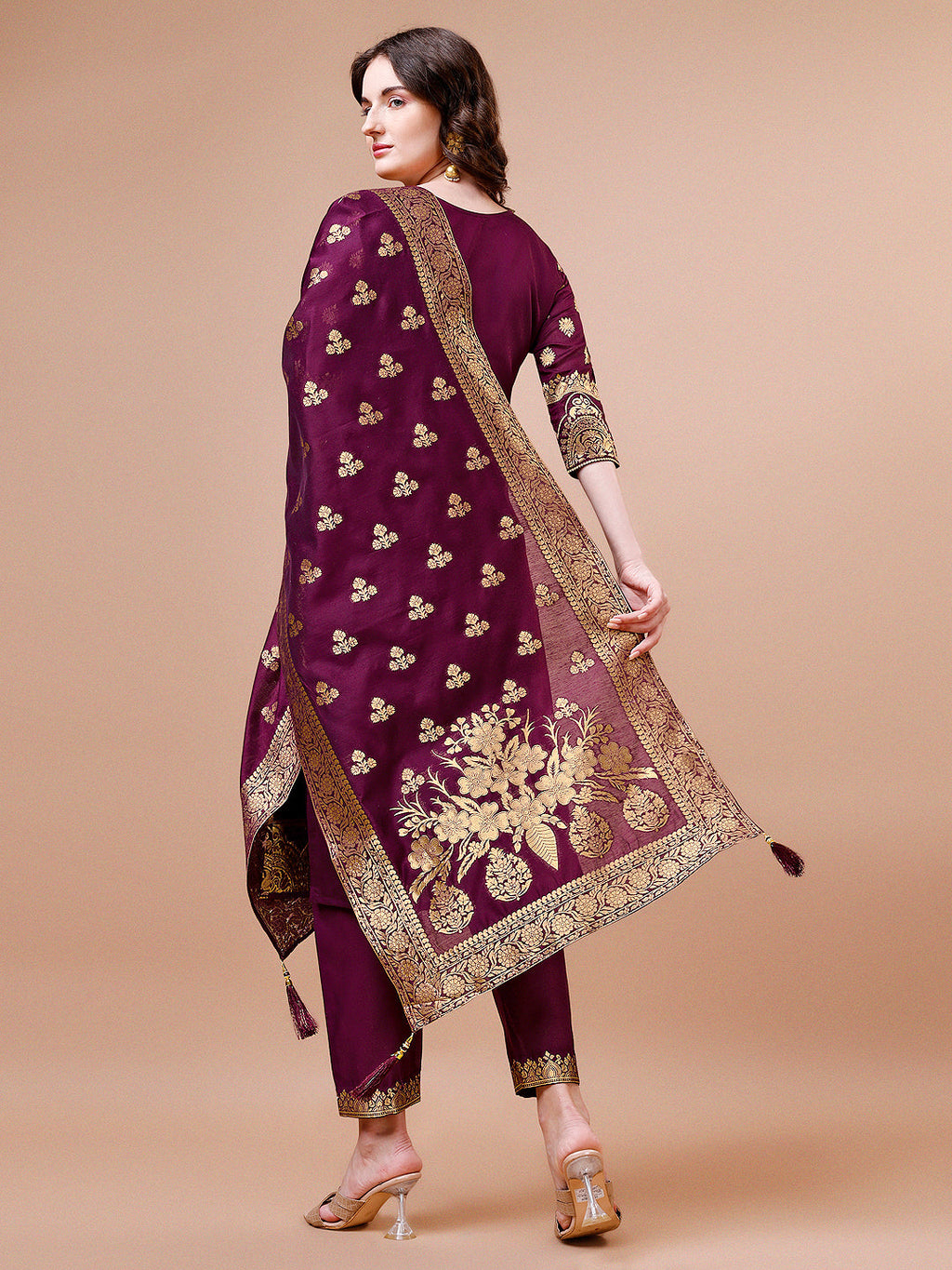 Pure Banarasi Chanderi Jacquard Kurta With Pant & Dupatta Set, Multicolor - Hiral Fashion - Distacart