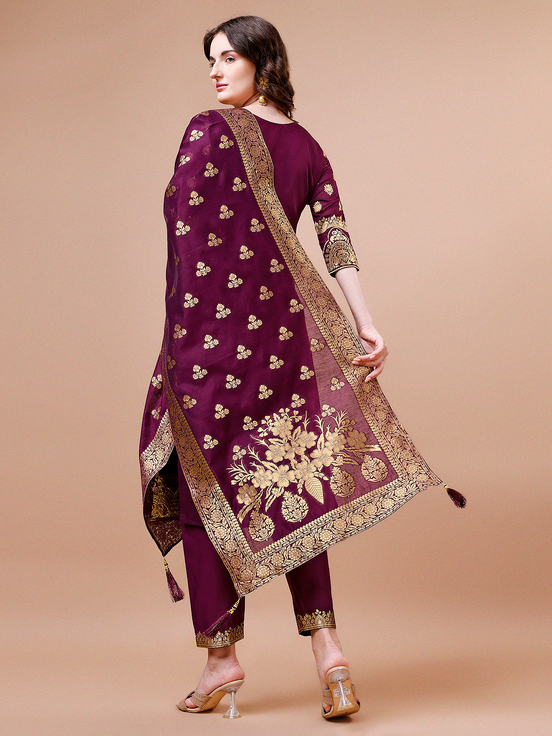 Pure Banarasi Chanderi Jacquard Kurta With Pant & Dupatta Set, Multicolor - Hiral Fashion - Distacart