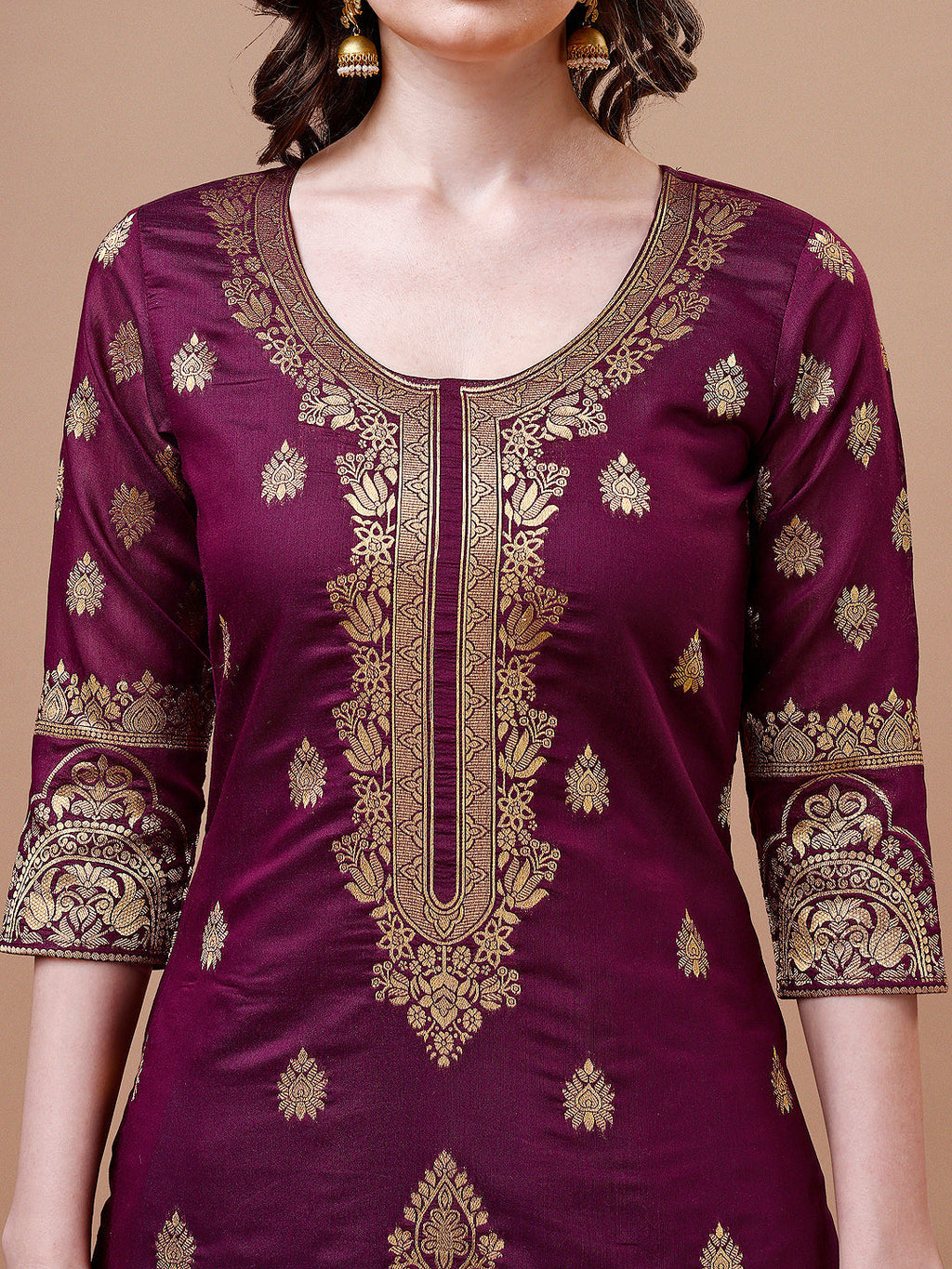 Pure Banarasi Chanderi Jacquard Kurta With Pant & Dupatta Set, Multicolor - Hiral Fashion - Distacart
