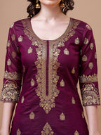 Pure Banarasi Chanderi Jacquard Kurta With Pant & Dupatta Set, Multicolor - Hiral Fashion - Distacart