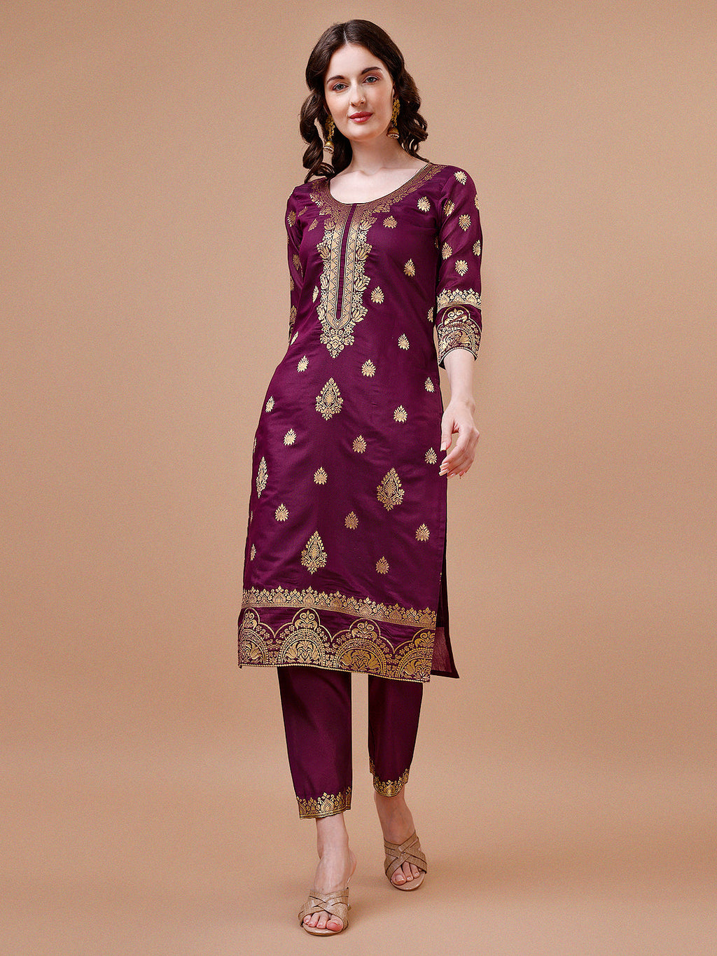 Pure Banarasi Chanderi Jacquard Kurta With Pant & Dupatta Set, Multicolor - Hiral Fashion - Distacart