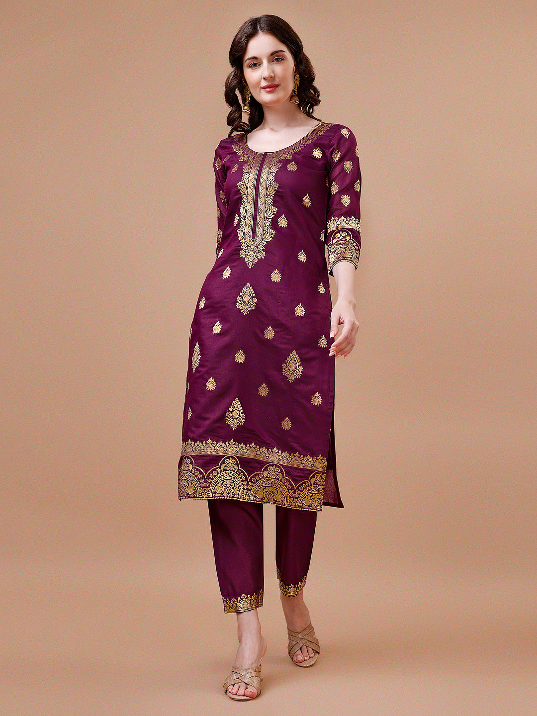 Pure Banarasi Chanderi Jacquard Kurta With Pant & Dupatta Set, Multicolor - Hiral Fashion - Distacart