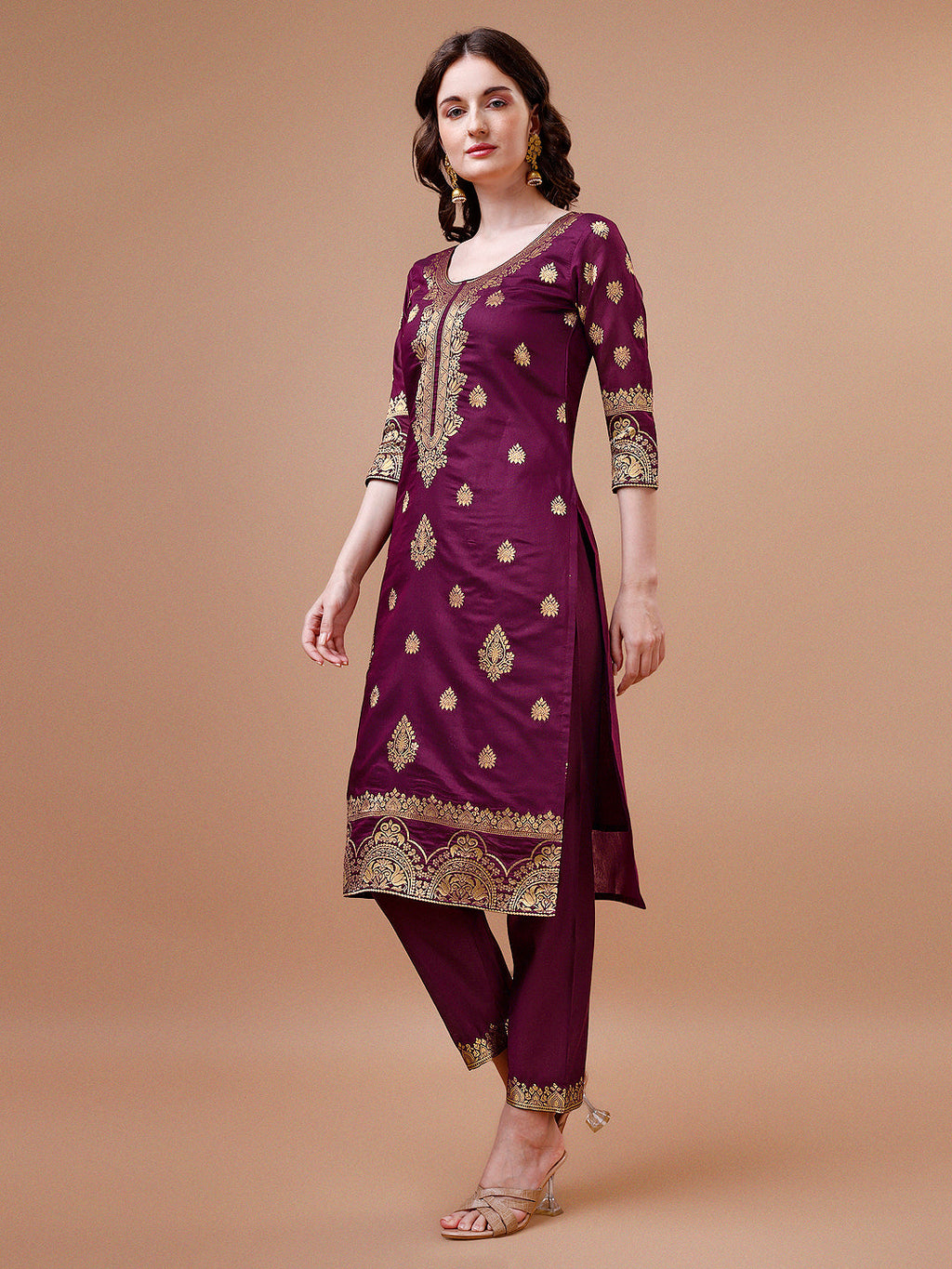 Pure Banarasi Chanderi Jacquard Kurta With Pant & Dupatta Set, Multicolor - Hiral Fashion - Distacart