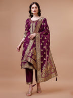 Pure Banarasi Chanderi Jacquard Kurta With Pant & Dupatta Set, Multicolor - Hiral Fashion - Distacart
