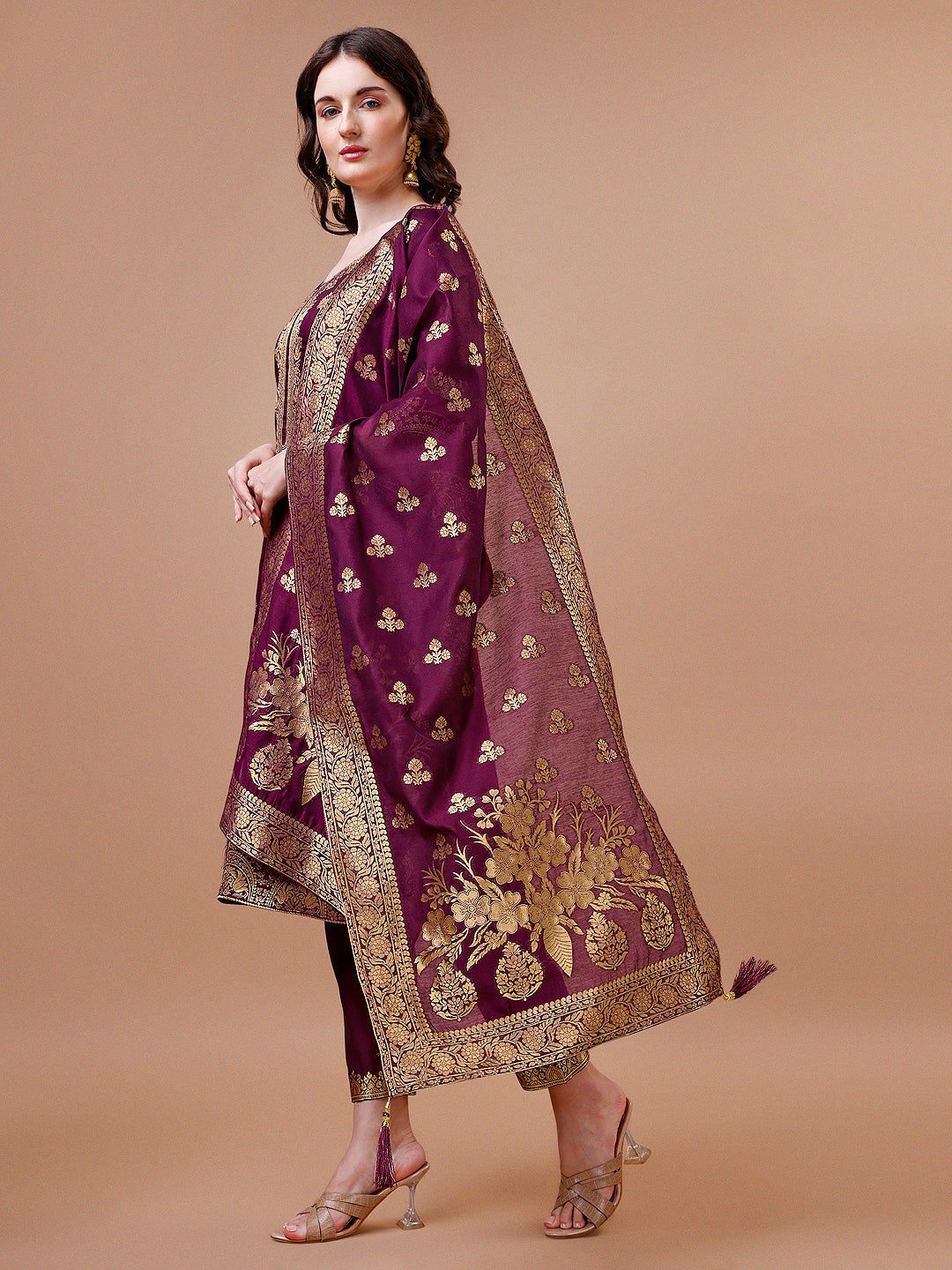 Pure Banarasi Chanderi Jacquard Kurta With Pant & Dupatta Set, Multicolor - Hiral Fashion - Distacart