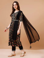 Embroidered Front Slit Floral Printed Kurta With Pant,Dupatta & Belt, Multicolor - Hiral Fashion - Distacart
