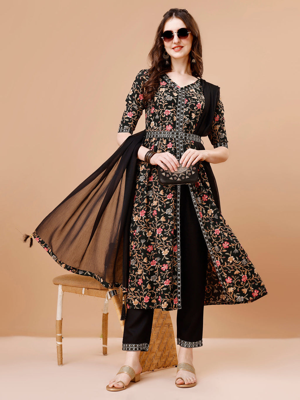 Embroidered Front Slit Floral Printed Kurta With Pant,Dupatta & Belt, Multicolor - Hiral Fashion - Distacart