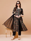 Embroidered Front Slit Floral Printed Kurta With Pant,Dupatta & Belt, Multicolor - Hiral Fashion - Distacart