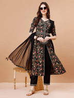 Embroidered Front Slit Floral Printed Kurta With Pant,Dupatta & Belt, Multicolor - Hiral Fashion - Distacart