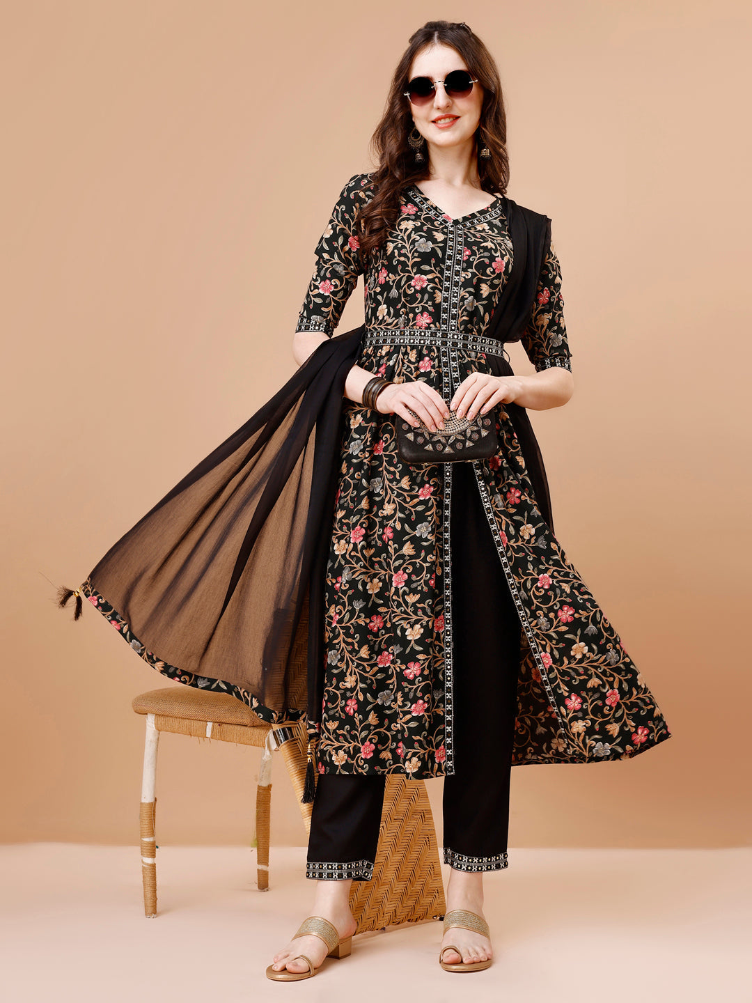 Embroidered Front Slit Floral Printed Kurta With Pant,Dupatta & Belt, Multicolor - Hiral Fashion - Distacart