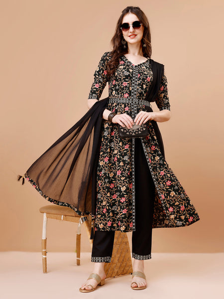 Embroidered Front Slit Floral Printed Kurta With Pant,Dupatta & Belt, Multicolor - Hiral Fashion