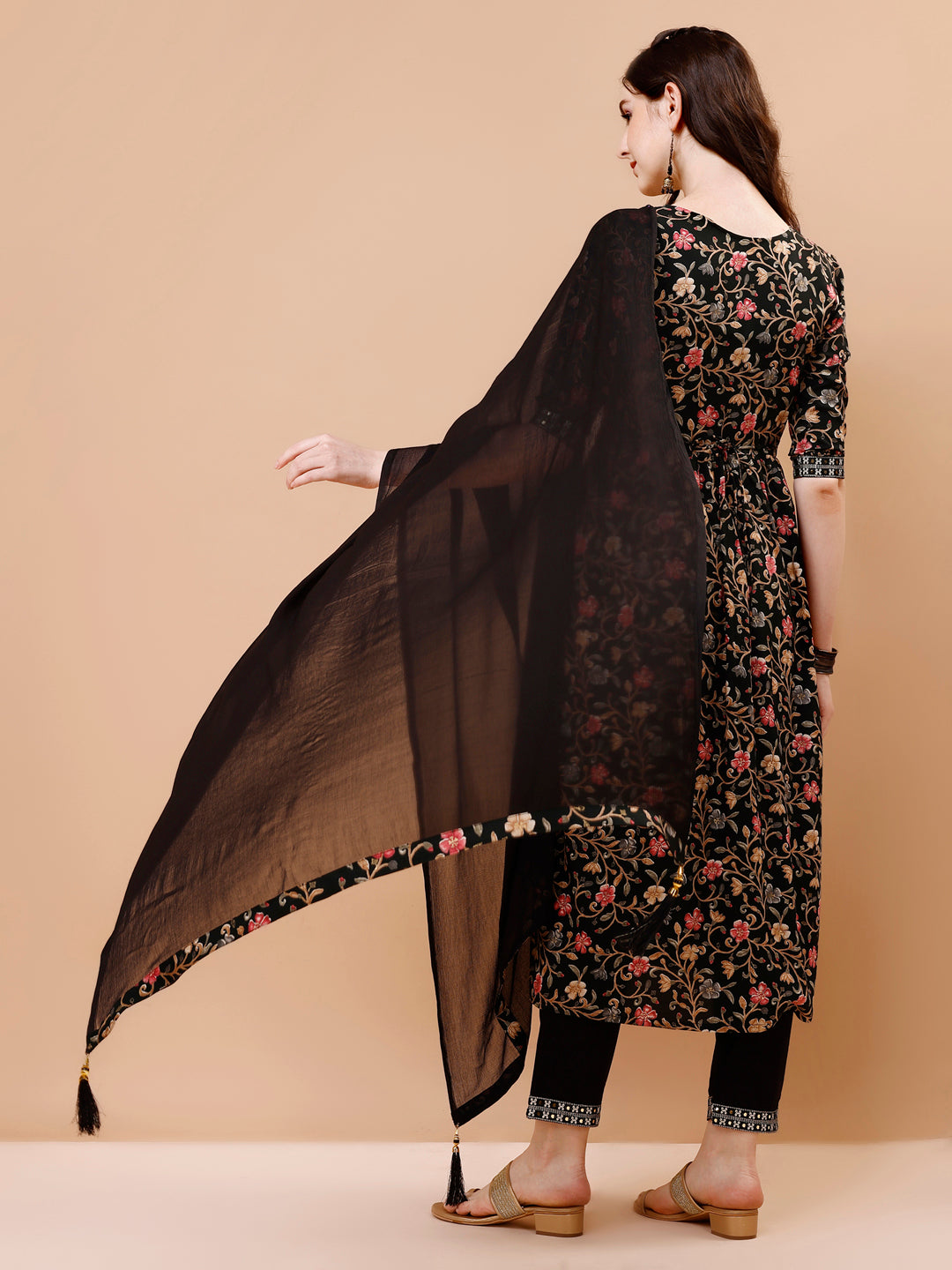 Embroidered Front Slit Floral Printed Kurta With Pant,Dupatta & Belt, Multicolor - Hiral Fashion - Distacart