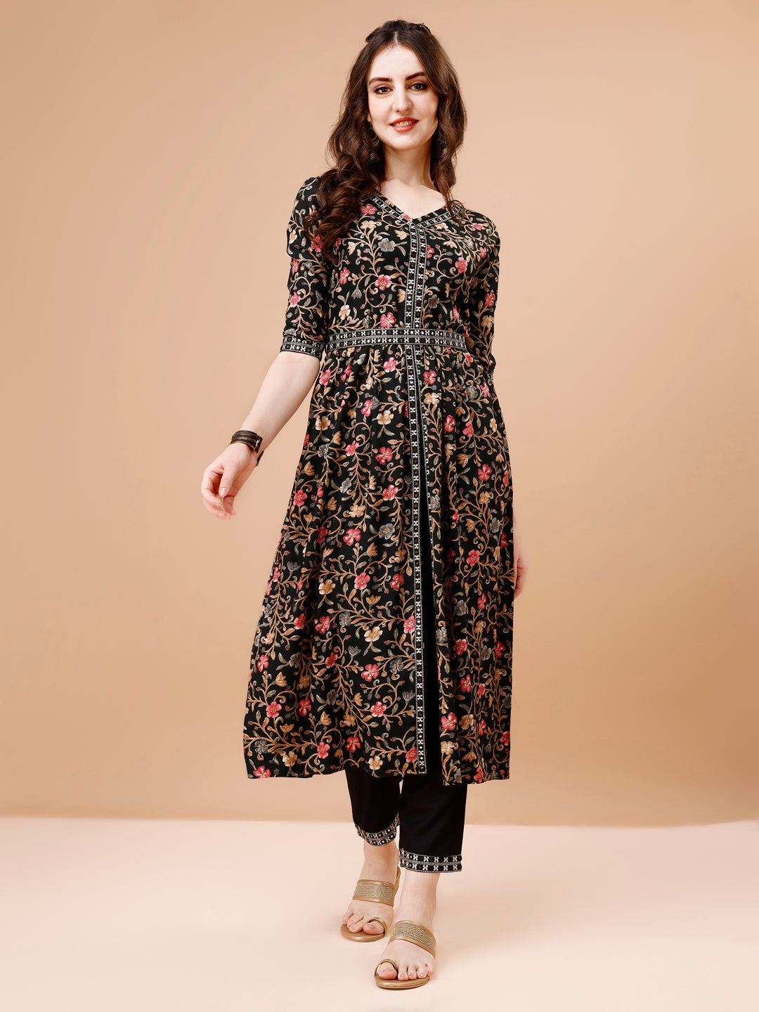Embroidered Front Slit Floral Printed Kurta With Pant,Dupatta & Belt, Multicolor - Hiral Fashion - Distacart