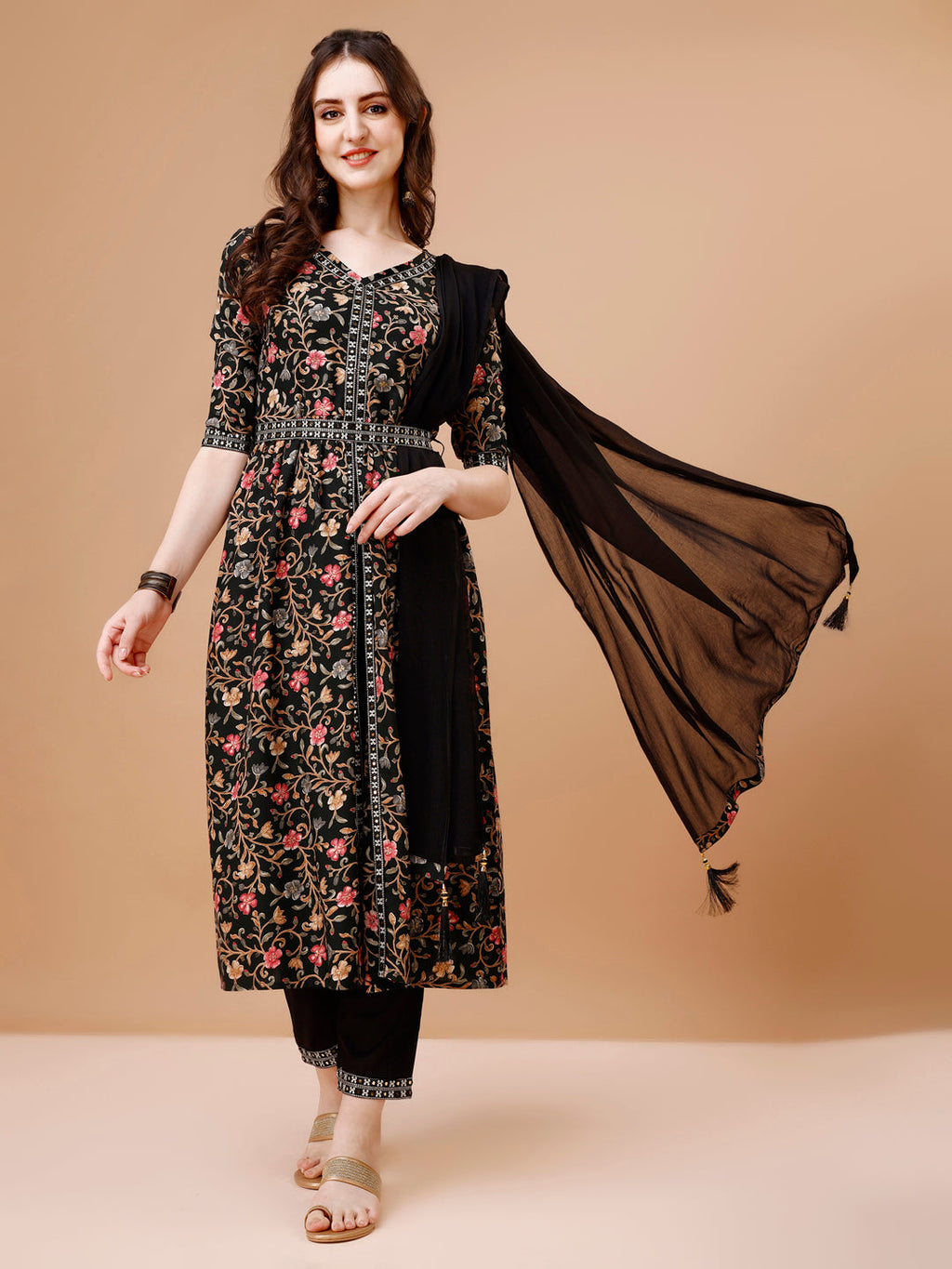 Embroidered Front Slit Floral Printed Kurta With Pant,Dupatta & Belt, Multicolor - Hiral Fashion - Distacart