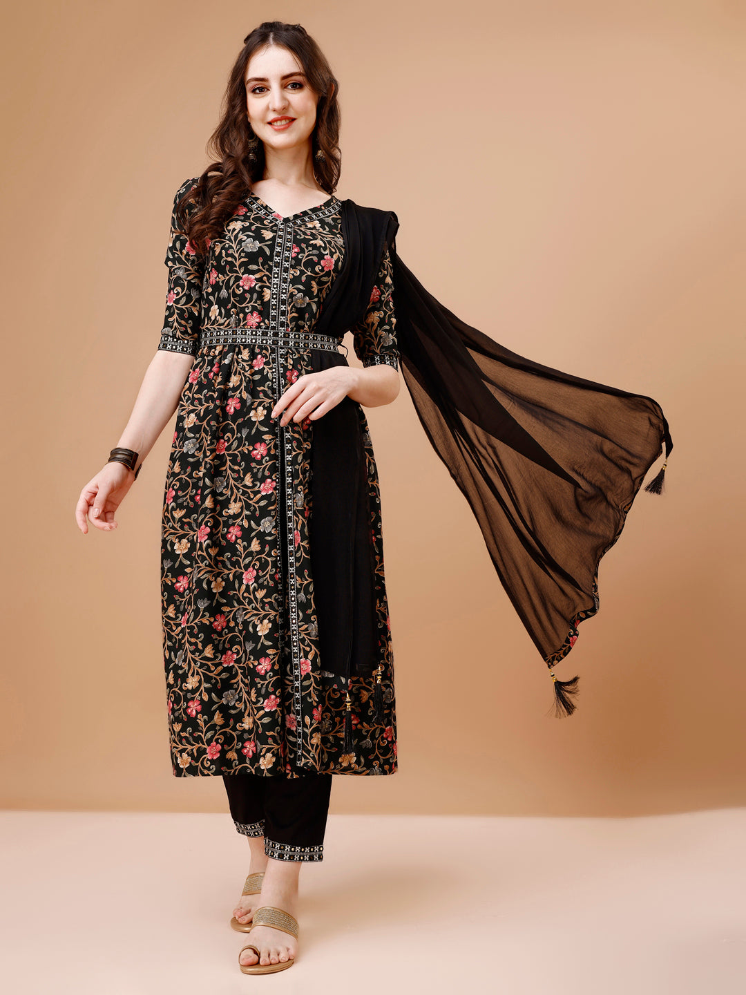 Embroidered Front Slit Floral Printed Kurta With Pant,Dupatta & Belt, Multicolor - Hiral Fashion - Distacart
