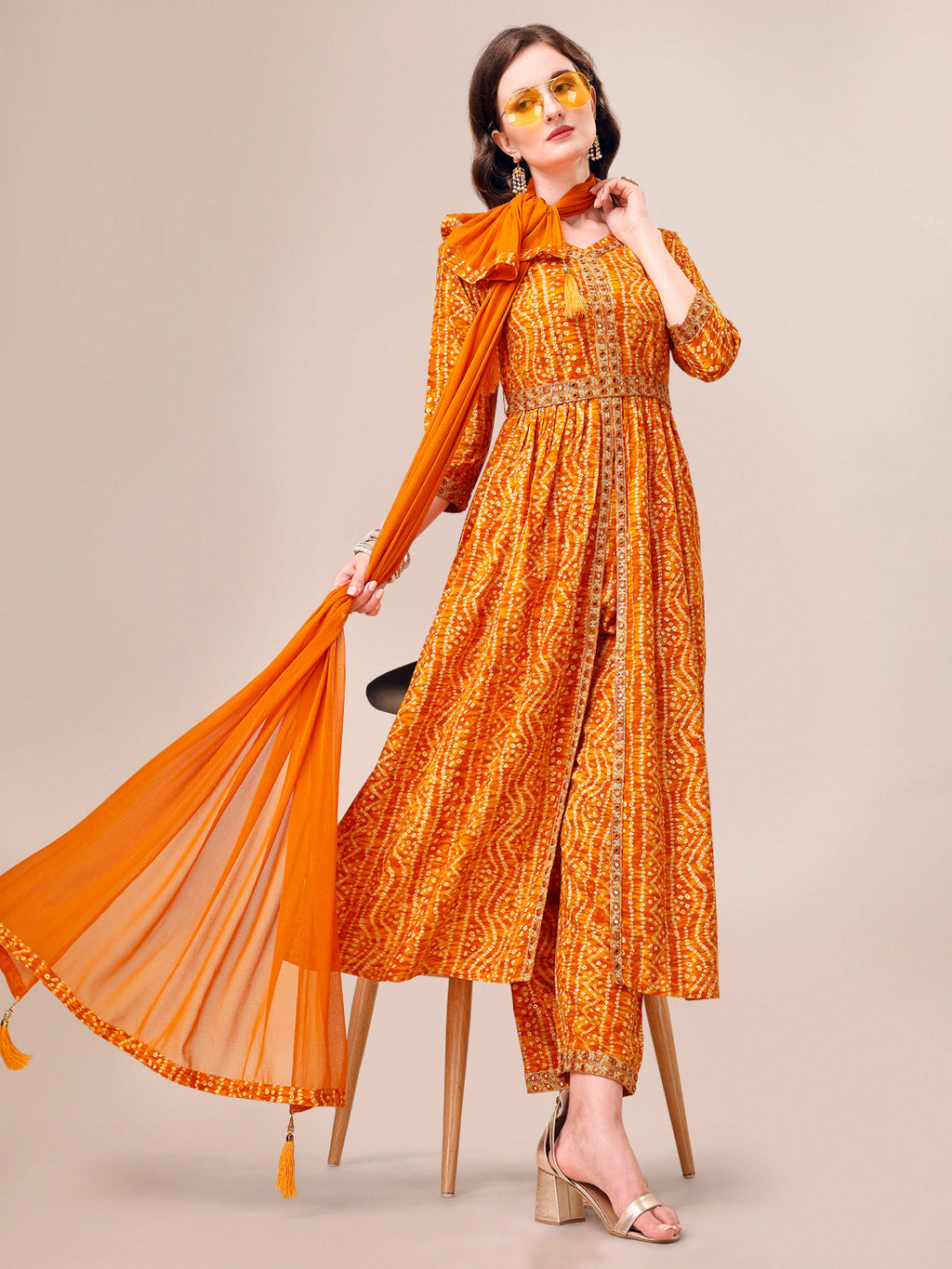 Printed & Embroidered Front Slit Kurta, Pant, Dupatta And Belt Set, Multicolor - Hiral Fashion - Distacart